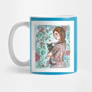 Vintage girl with black cat Mug